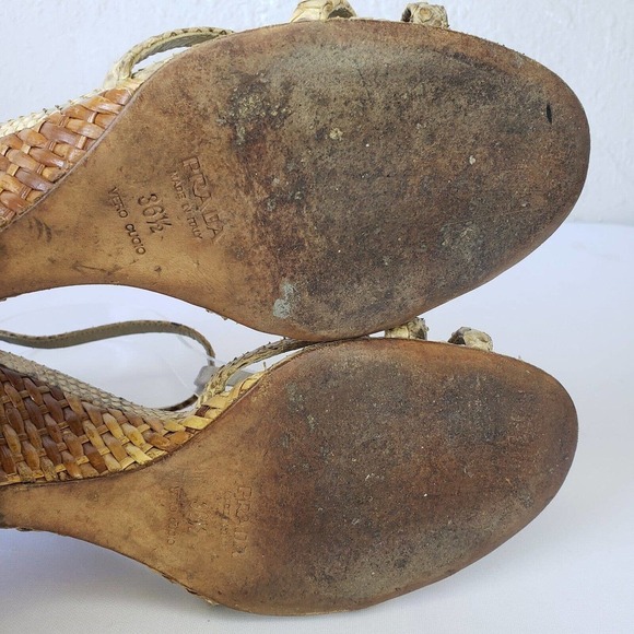 Prada Snake Leather Ankle Strap Woven Raffia Wedge Heel Sandals Size 36.5 Italy - Picture 15 of 16